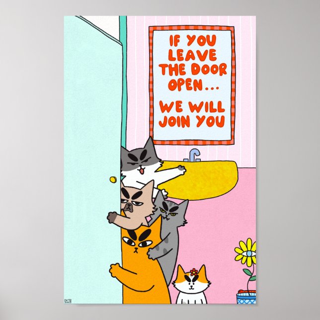 Colorful Funny Pastel Bathroom Wall Art Cat Poster (Front)