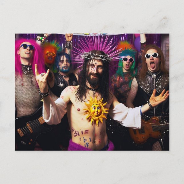 Colorful Funny Punk Rock Party Jesus Postcard (Front)