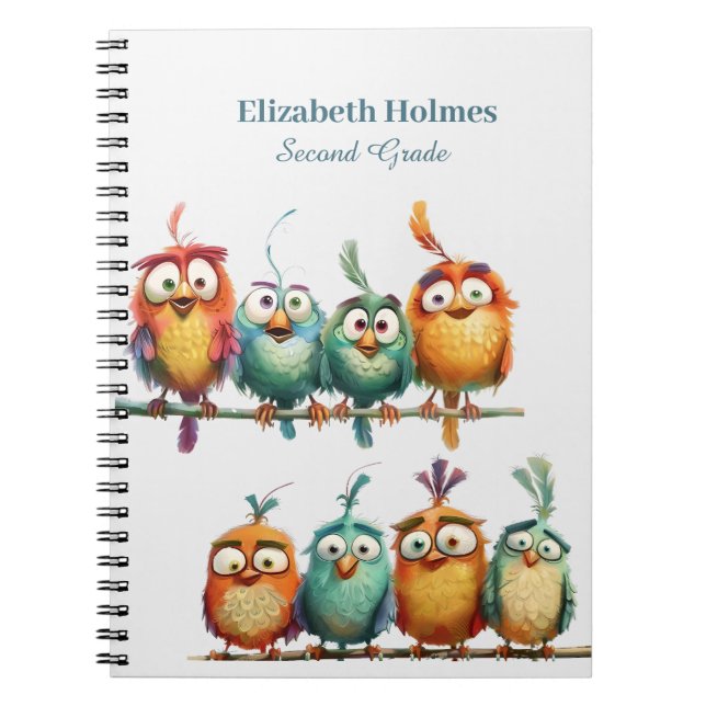 Colorful Funny Quirky Birds School Notebook (Front)
