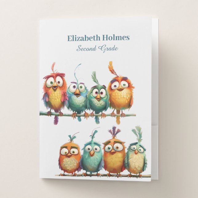 Colorful Funny Quirky Birds School Pocket Folder (Front)