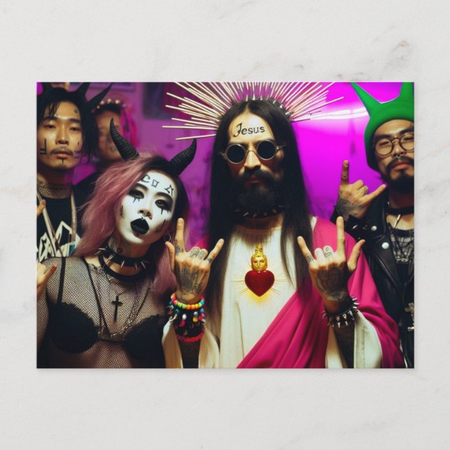 Colorful Funny Retro Punk Rock Party Jesus Postcard (Front)