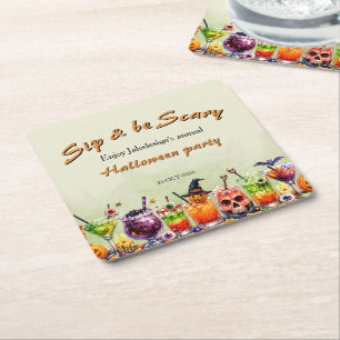 Colorful Funny Scary Cocktails Sip Halloween Party Square Paper Coaster