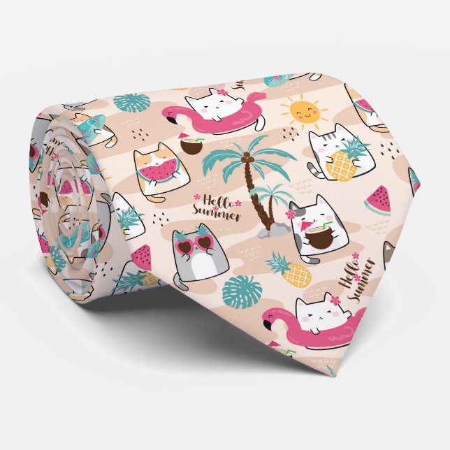 Colorful Funny Summer Vacations Cat Neck Tie (Rolled)