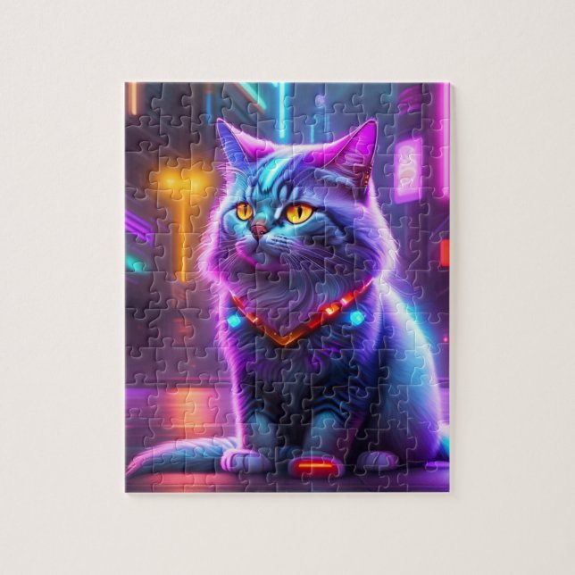 Colorful Futuristic Cyber Cat Jigsaw Puzzle (Vertical)