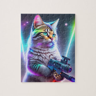 Colorful Futuristic Cyberpunk Cat With Laser Gun Jigsaw Puzzle