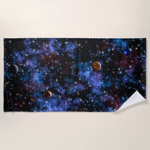 Colorful galaxies stars and planets beach towel