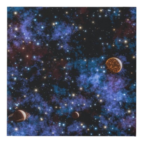 Colorful galaxies stars and planets in night faux canvas print