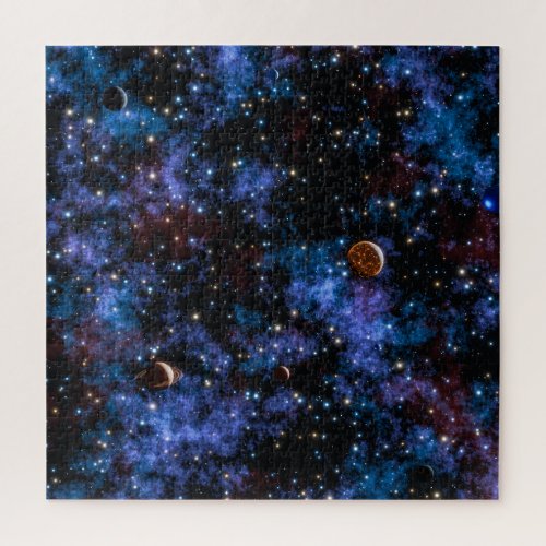 Colorful galaxies stars and planets in night jigsaw puzzle