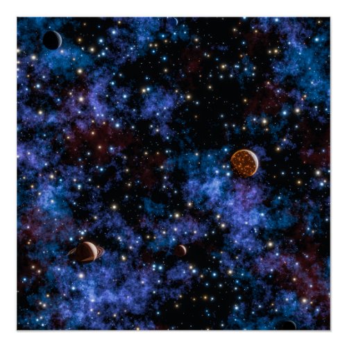 Colorful galaxies stars and planets in night poster