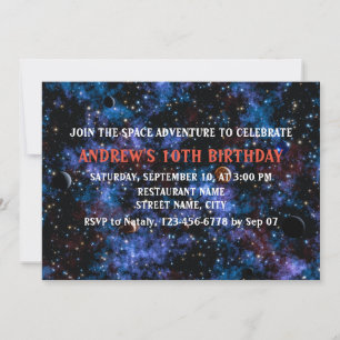 Colorful galaxies, stars and planets in night sky invitation