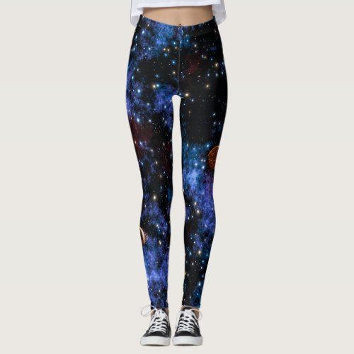 Colorful galaxies stars and planets in night sky leggings