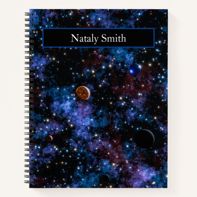 Colorful galaxies, stars and planets name notebook (Front)