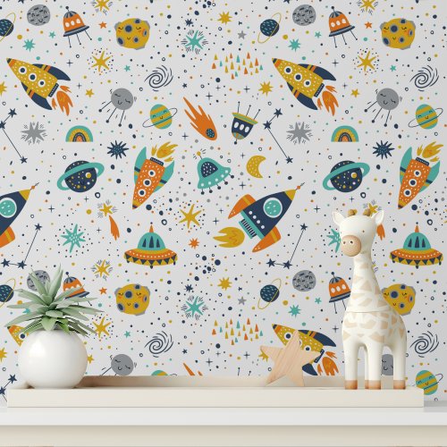 Colorful Galaxy Space Rockets Modern Kids Pattern Wallpaper