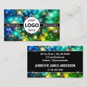 Colorful Galaxy Stars Magic Energy Green with Logo Business Card