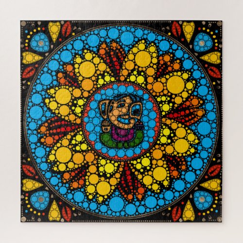 Colorful Ganesha in Marigold Mandala Dot Art Jigsaw Puzzle
