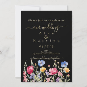 Colorful Garden Boho Wildflower On Black Invitation