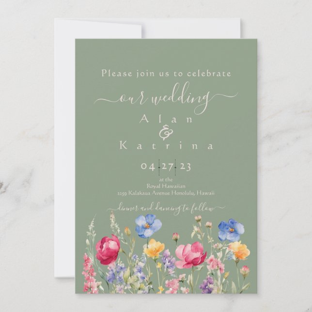 Colorful Garden Boho Wildflower On Green Invitation (Front)