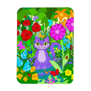Colorful Garden Cat Art Fantasy Flowers Ladybugs Magnet