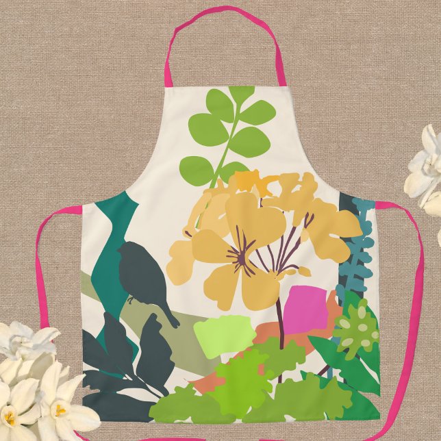 Colorful Garden Flowers and Bird Silhouette  Apron (Creator Uploaded)