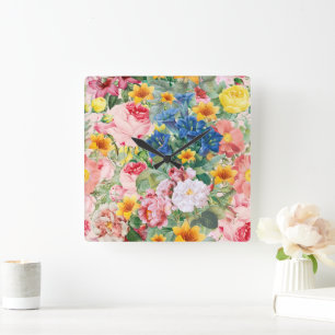 Colorful Garden Flowers - Boho Floral Pillow Square Wall Clock