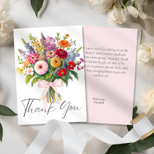 Colorful Garden Flowers Bouquet Pink Bow Script Thank You Card