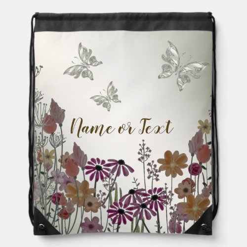 Colorful Garden Flowers Butterflies Golden Elegant Drawstring Bag