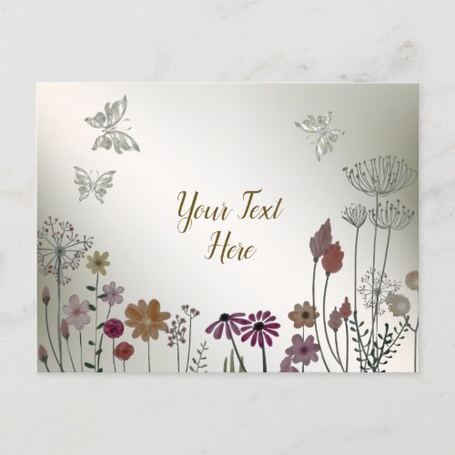 Colorful Garden Flowers Butterflies Golden Rustic Postcard