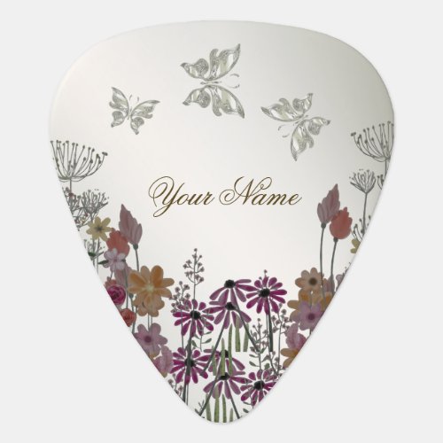 Colorful Garden Flowers Butterflies Nature Rustic Guitar Pick