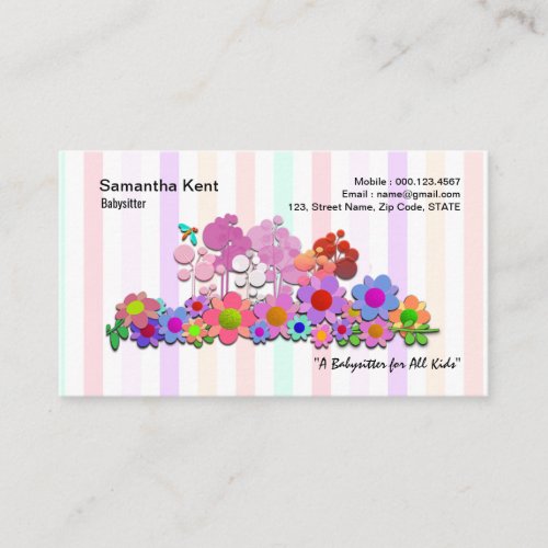 Colorful Garden Flowers Pretty Stripes Babysitter Business Card