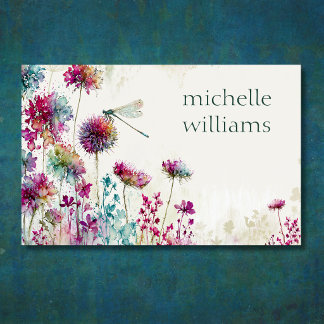 Colorful Garden Flowers Wildflowers and Dragonfly Business Card