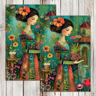 COLORFUL GARDEN GIRL WITH FLOWERS DECOUPAGE TISSUE PAPER