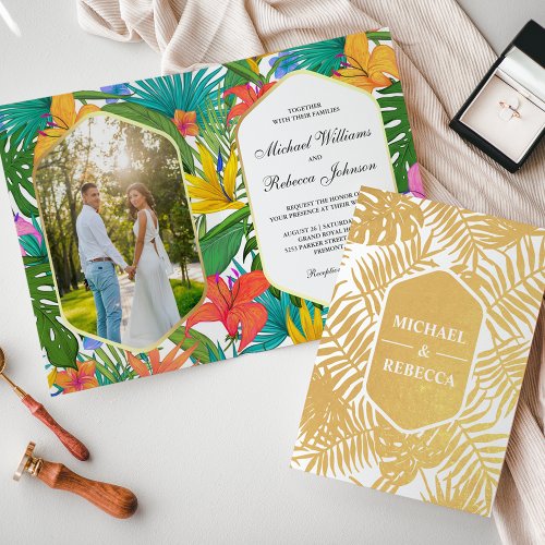 Colorful Garden Gold Foil Tropical Wedding Invite