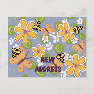 Colorful garden postcard announcing a new address