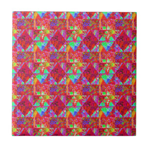 Colorful Garden Quilt Painting with Red Hydrangea Ceramic Tile
