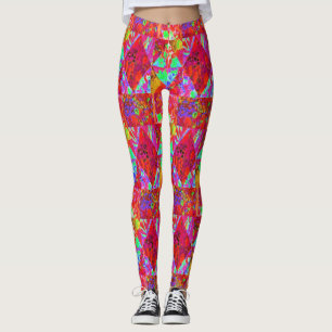 Colorful Garden Quilt Painting with Red Hydrangea Leggings