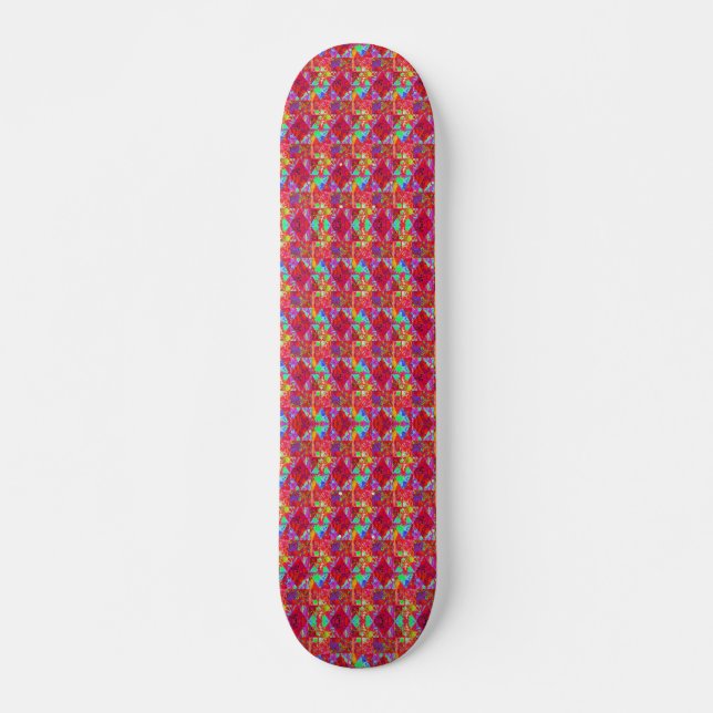 Colorful Garden Quilt Painting with Red Hydrangea Skateboard (Front)