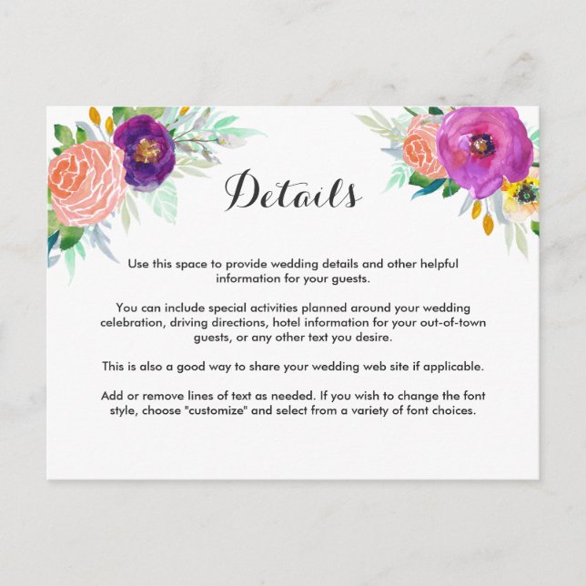 Colorful Garden Watercolor Floral Wedding Details Postcard (Front)