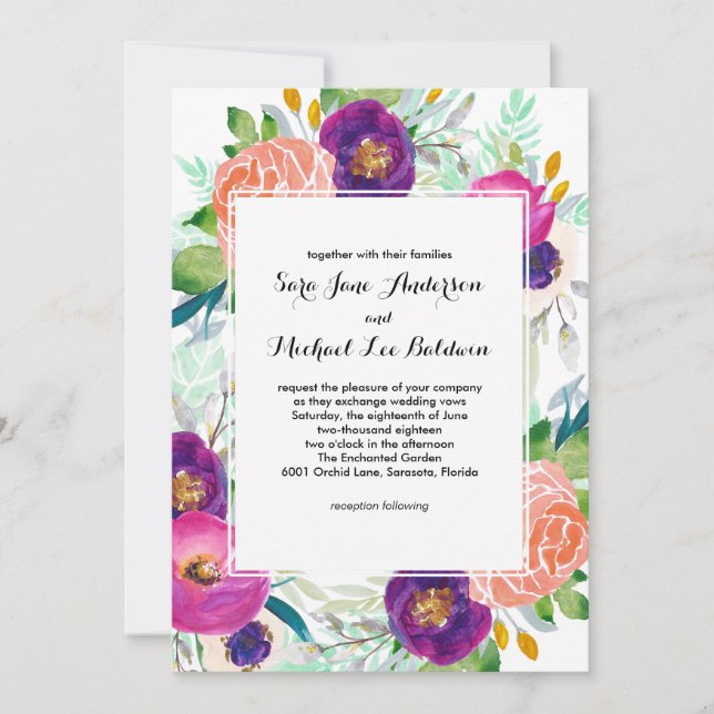 Colorful Garden Watercolor Floral Wedding Invitation (Front)