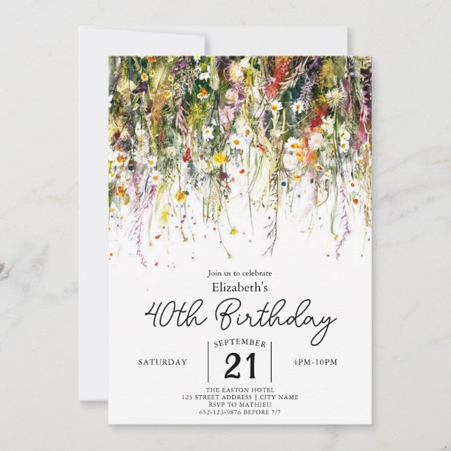 Colorful Garden Wildflowers 40th birthday Invitation (Front)