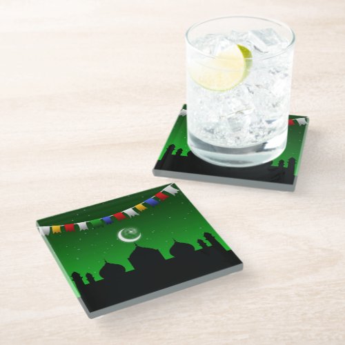 Colorful Garland with Mosque _ Glass Coaster