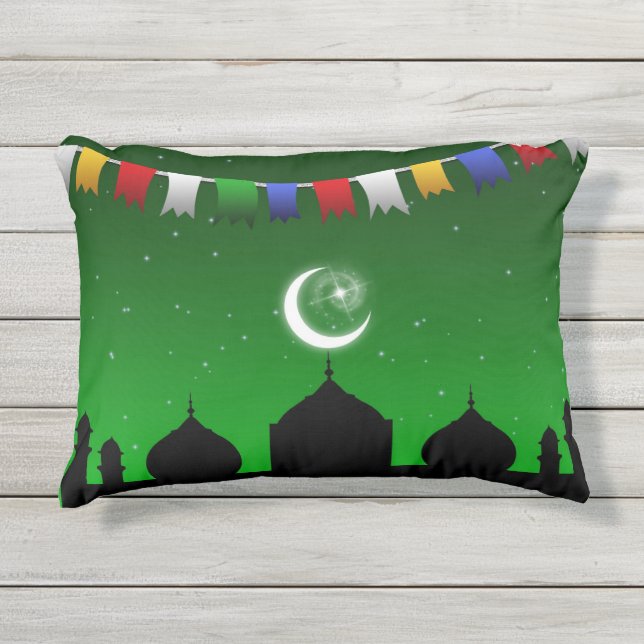 Colorful Garland with Mosque - Outdoor Pillow (Front)