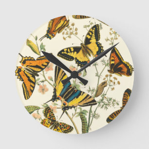 Colorful Gathering of Butterflies and Caterpillars Round Clock