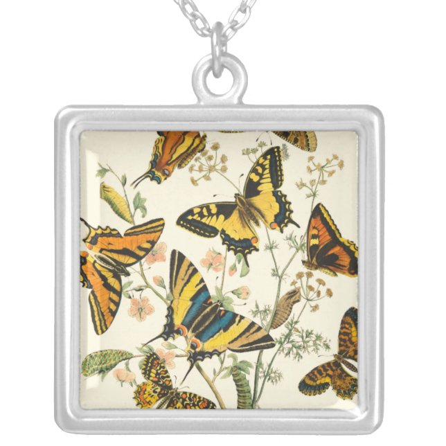 Colorful Gathering of Butterflies and Caterpillars Silver Plated Necklace (Front)