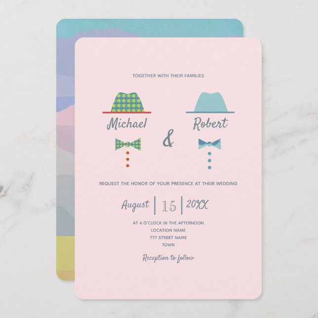 Colorful Gay Wedding Invitation with Hats (Front/Back)
