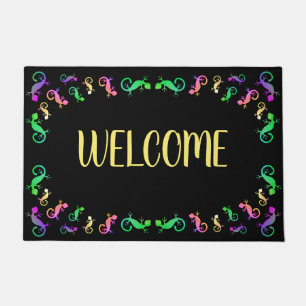 Colorful Gecko Lizard on Black Welcome Doormat