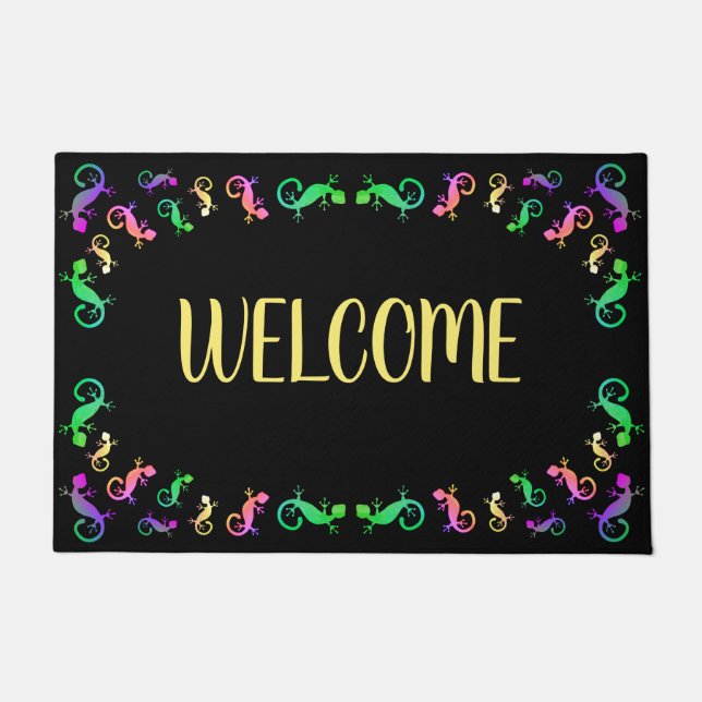 Colorful Gecko Lizard on Black Welcome Doormat (Front)