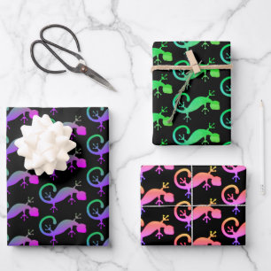 Colorful Gecko Lizard on Black Wrapping Paper Sheets