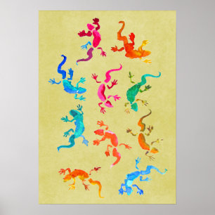 Colorful geckos watercolor illustration poster