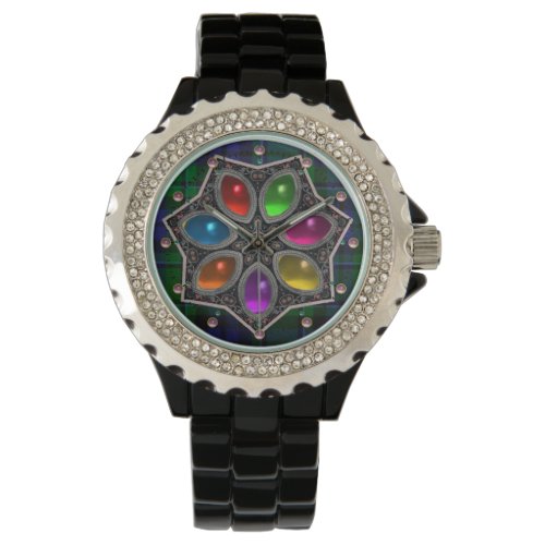 COLORFUL GEMSTONE STAR AND BLUE GREEN TARTAN WATCH