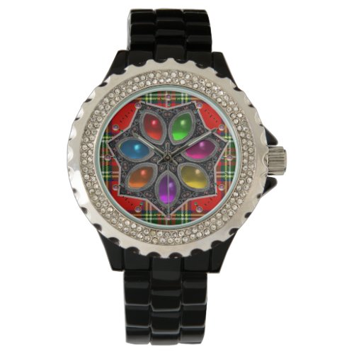 COLORFUL GEMSTONE STAR AND RED GREEN TARTAN WATCH